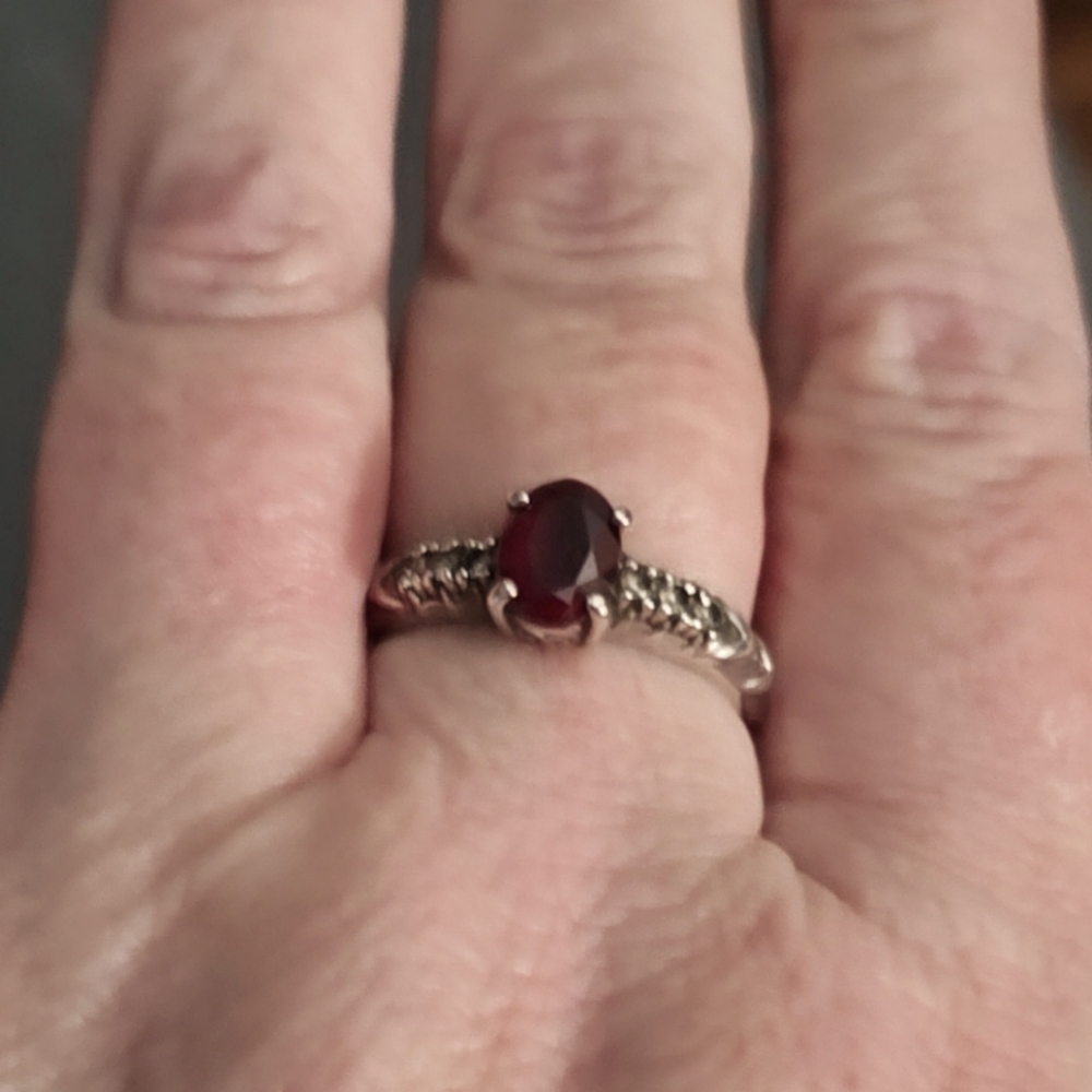 Vintage Garnet, CZ, Sterling Silver Ring